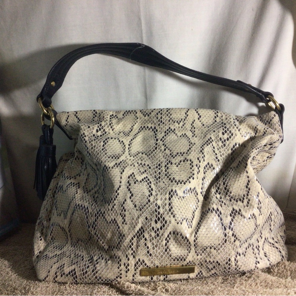 Anne Klein Sport Beige Snake-Print Shoulder Hobo with Black Handle